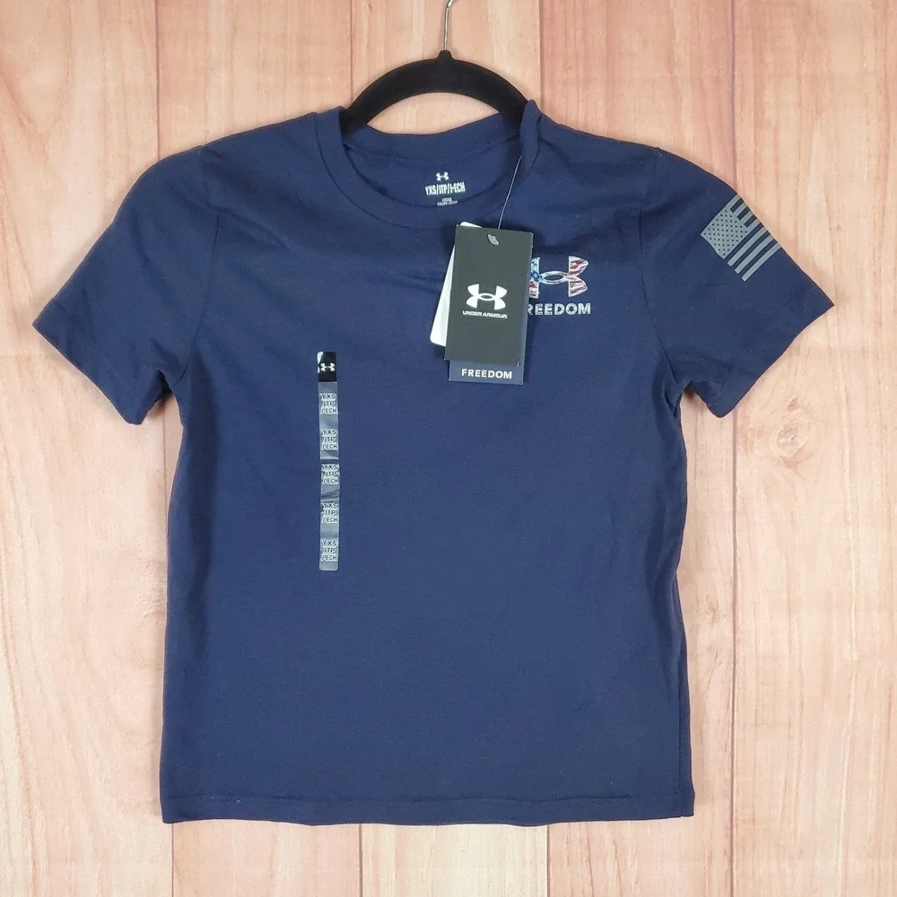 Under Armour Freedom Eagle‎ Youth Shirt XS Blue Crew Neck Short Sleeve